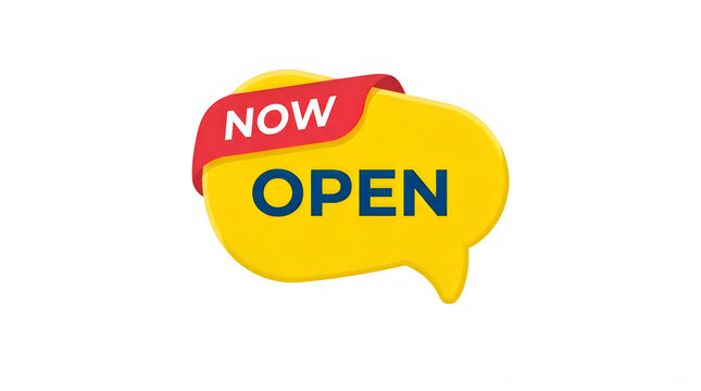 Yellow speech bubble sign with now open text for black friday png marketing promotions and retail store announcements isolated on transparent background