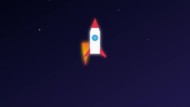 Minimalist rocket ship launching into deep space: flat animation of a spacecraft traveling through the galaxy 4k