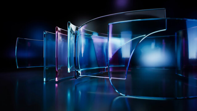 Curved glass panels with blue and purple lighting.