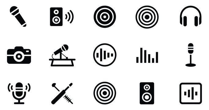 Audio video recording playback communication device icons in black vector style for media, broadcasting, streaming, and multimedia applications