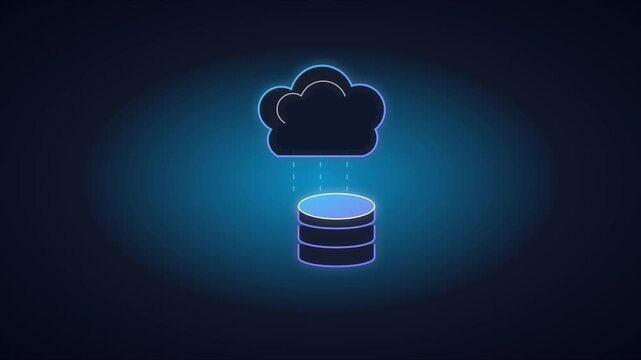 Neon cloud data storage animation: digital network sync and server backup concept 4k