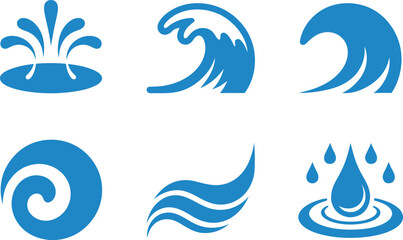 Fototapeta premium Collection of six blue waterthemed icons representing waves splashes and droplets isolated on transparent background