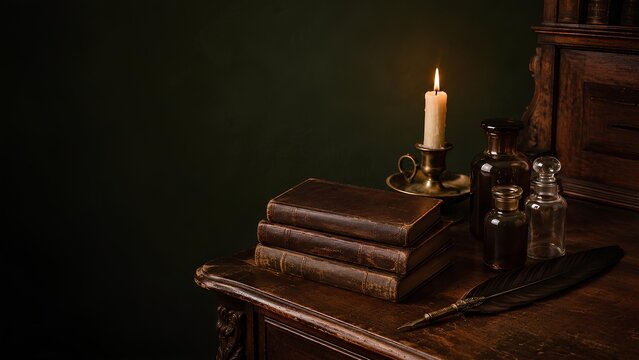 古びた机に置かれた古書とガラス瓶と蝋燭 / Old books, glass bottles and candle on worn wooden desk (Generative AI)