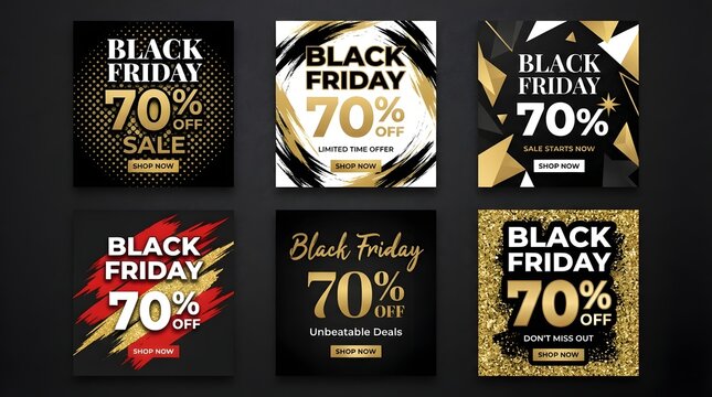 Set of six luxury black friday sale social media post templates featuring seventy percent discount offers with elegant gold design elements