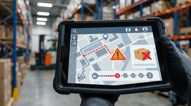 Warehouse worker holding digital tablet displaying supply chain logistics map with inventory tracking alert
