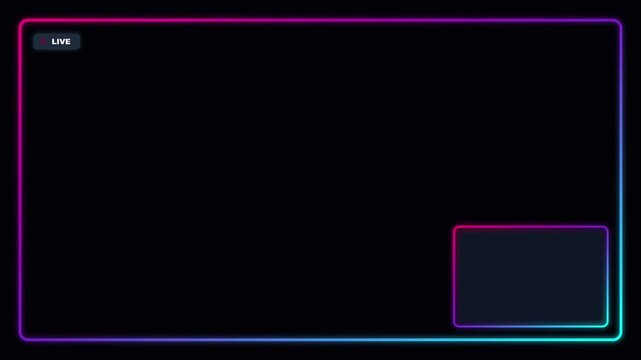 Neon live stream overlay with glowing border and corner frame for gaming and social media animation 4k