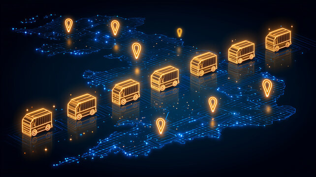 Delivery trucks and location pins arranged across a digital map represent regional distribution and fleet management.
