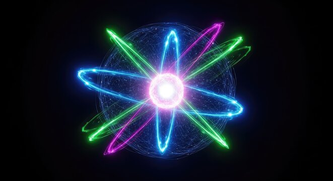 A glowing atomic nucleus hangs suspended within a swirling electron cloud, intersected by vibrant neon dark matter filaments and cosmic energy, electric, glow, neutron