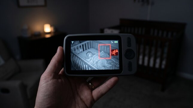 Parent holding smart baby monitor displaying sleeping infant in crib inside dark nursery at night