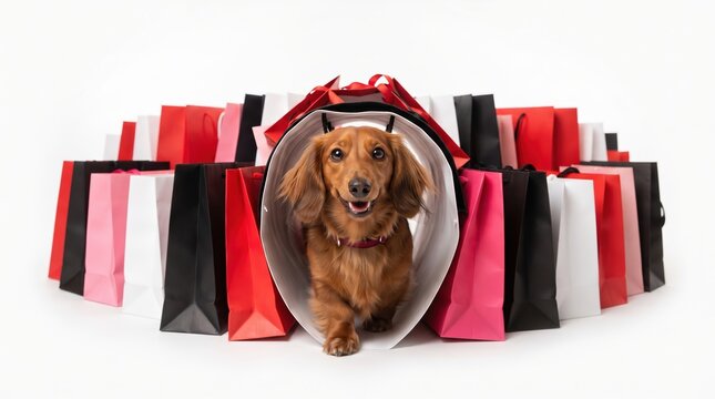 happy brown dachshund walking through a tunnel of colorful paper shopping bags on a white background