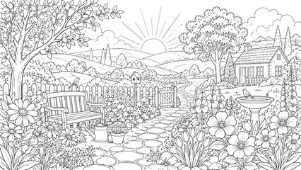 Fototapeta premium Peaceful garden landscape coloring scene with rising sun, flowers, trees, hills, and small countryside details, garden, landscape,