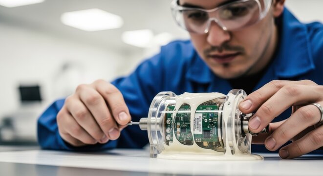 Technician examining potting process on seismic node electronics ensuring waterproof and shockproof sealing for reliable seismic data collection.