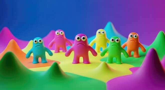 A group of colorful squishy putty creatures with wide eyes and wiggly limbs standing in a bright neon landscape made of soft modeling clay, limbs, wiggly, colorful