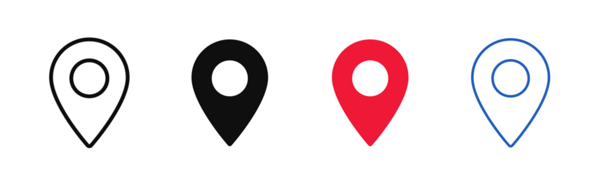 Pin location icon set. Map markers in outline and filled styles. Navigation marker and map pointer. Place symbol collection. Flat elements. Editable stroke vector illustration