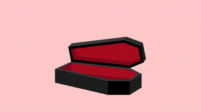 3d rendering of open black coffin with red interior against pink background. halloween holiday celebration. horror and death concept. banner, website header with copyspace.