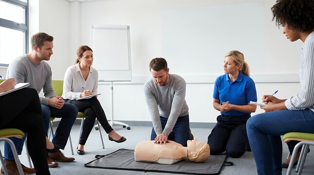 An Emergency and First Aid Training Class Featuring Hands-On Practice with a CPR Doll for Cardiac Life Support Instruction first aid class emergency training cpr doll cardiac life support medical