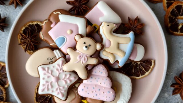 Gingerbread as a Christmas staple, sweet biscuits for the holiday interior. Gingerbread as a food background for your design