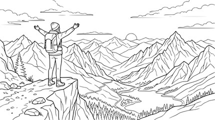 Fototapeta premium Female hiker with backpack celebrating achievement on mountain cliff summit line art illustration