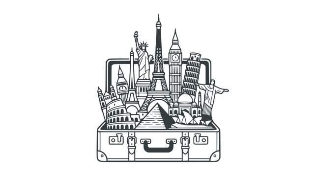 Famous world monuments and architectural landmarks inside an open travel suitcase vector illustration