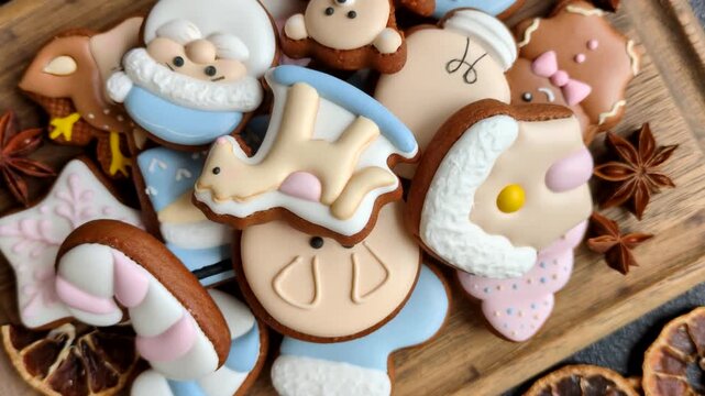 Gingerbread as a Christmas staple, sweet biscuits for the holiday interior. Gingerbread as a food background for your design