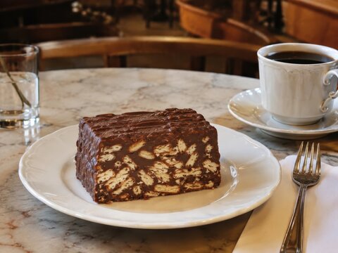 Kalter Hund aus Schokolade und Butterkeksen als dickes St&uuml;ck auf wei&szlig;em Teller, klassisch zu Kaffee serviert &ndash; beliebter deutscher K&uuml;hlschrankkuchen ohne Backen.