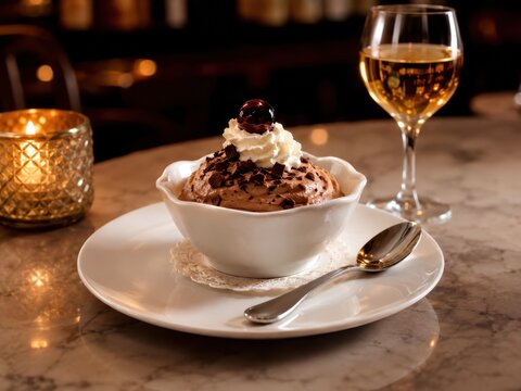 Cremige Herrencreme mit Schokolade, Sahne, Schokoraspeln und Kirsche in wei&szlig;er Schale, stilvoll mit Dessertwein serviert &ndash; klassisches westf&auml;lisches Dessert im Restaurant.