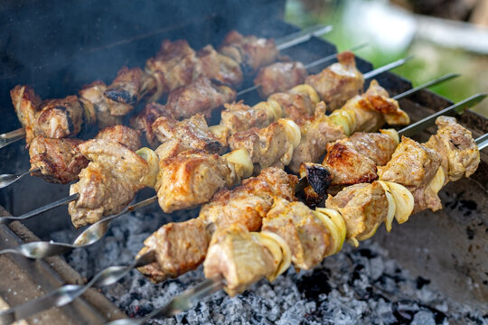 Grilled meat and onion skewers cooking over charcoal. Seasoned meat and onion pieces grilling on metal skewers over hot charcoal with smoke rising from an outdoor barbecue.