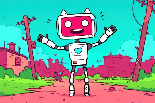 Happy robot greets in urban decay; game asset