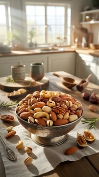 Assorted mixed nuts in a decorative bowl on a rustic kitchen table setup