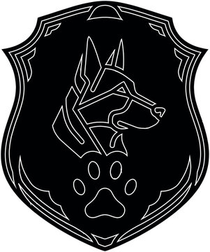 Heraldic shield emblem with stylized wolf head and paw print