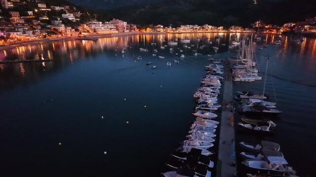 aerial view of Port Soller harbour at night, Mallorca at summer, Spain