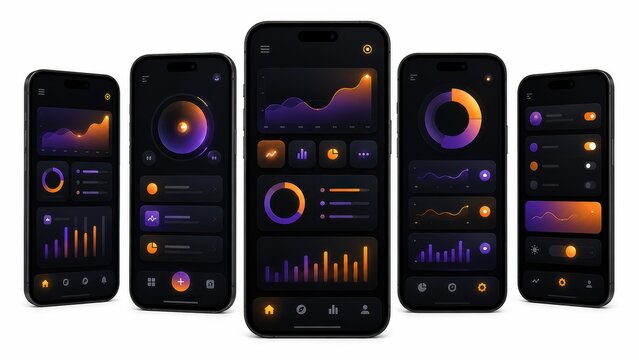 Dark mobile app interface with glowing charts and graphs