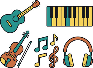 Fototapeta na wymiar Set of musical instruments and music notes icons
