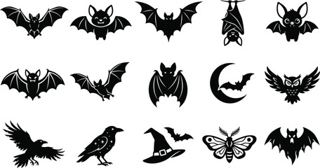 Fototapeta premium Collection of various spooky halloween elements vector graphics featuring detailed bats and birds in a distinct black ink silhouette