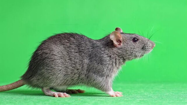 Domestic Gray Rat Standing on Chroma Key Green Screen Background