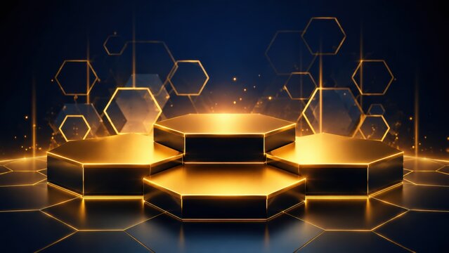 Glowing golden hexagonal platforms on a dark blue background with abstract geometric elements