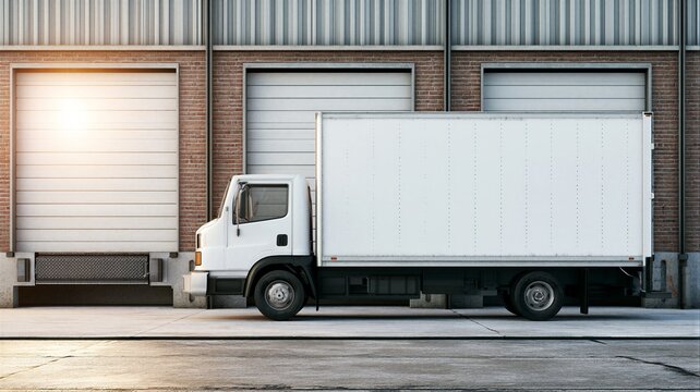 White delivery truck at industrial warehouse loading dock