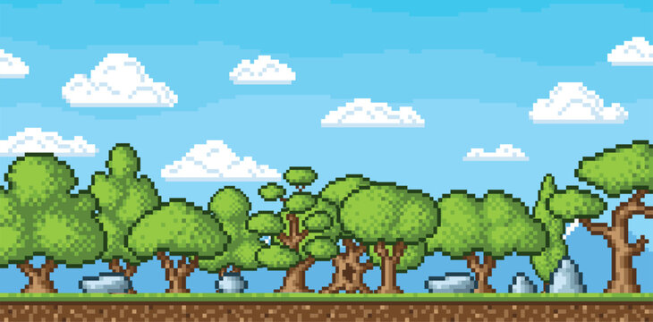 Forest landscape pixel art. Different style types tree, white clouds in blue sky. Arcade game level, ground, plants, 8 bit vintage design, vector location
