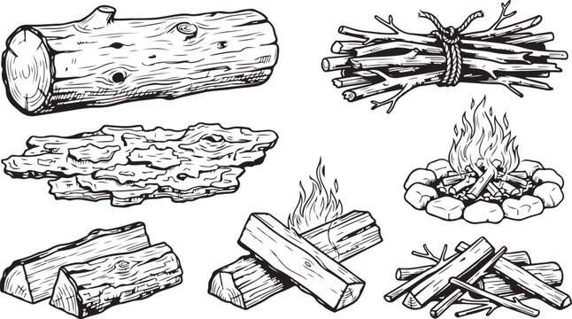 Hand drawn set of firewood logs and a small campfire with flames in a sketch style