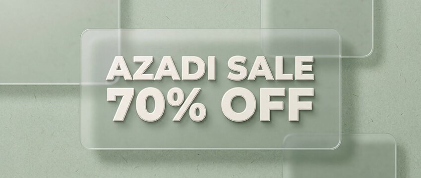 Modern transparent sign announcing azadi sale with 70 discount on a pastel green background with white text advertising discount against soft
