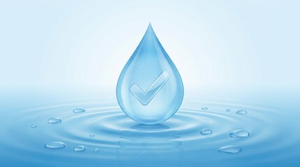 Fototapeta premium Pure water drop with checkmark symbol on rippling surface