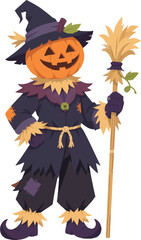Fototapeta premium pumpkin scarecrow holding straw staff, three-quarter view full body, autumn decorative vector illustration