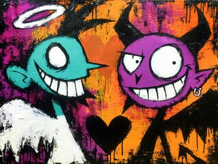 Obraz premium Angel and devil cartoon characters smiling, colorful street art style, urban abstract texture