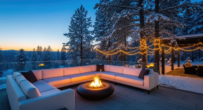 A luxurious modern patio features a white sectional sofa near a glowing fire pit, surrounded by snowy trees and festive string lights at dusk, peaceful, ambient, wintertime