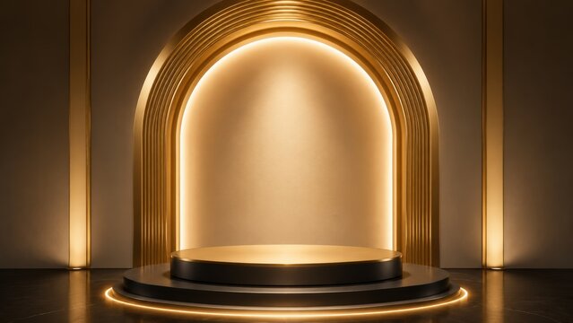 Luxury golden arch product stage with dark base and warm lighting