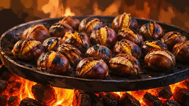 Chestnuts roasting over glowing embers on a metal grate, a warm autumn treat
