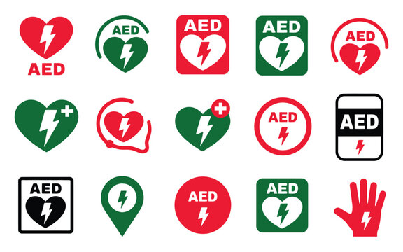 Automated external defibrillator AED icons and signs for emergency medical response, first aid, rescue, and healthcare vector illustration