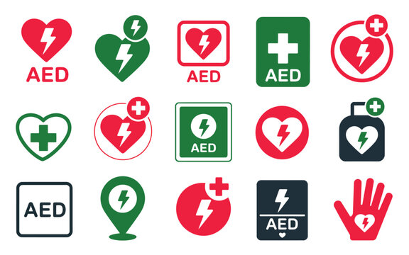 AED defibrillator symbols featuring emergency rescue, first aid, medical response, and healthcare signs in multiple vector styles