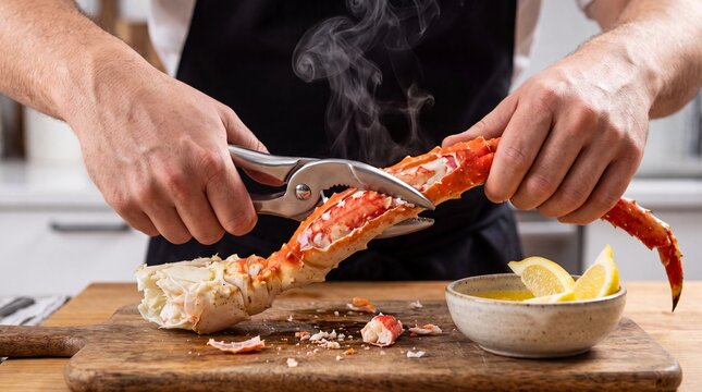 Chef uses metal shears to crack a steaming king crab leg on a wooden cutting board in a professional kitchen.
