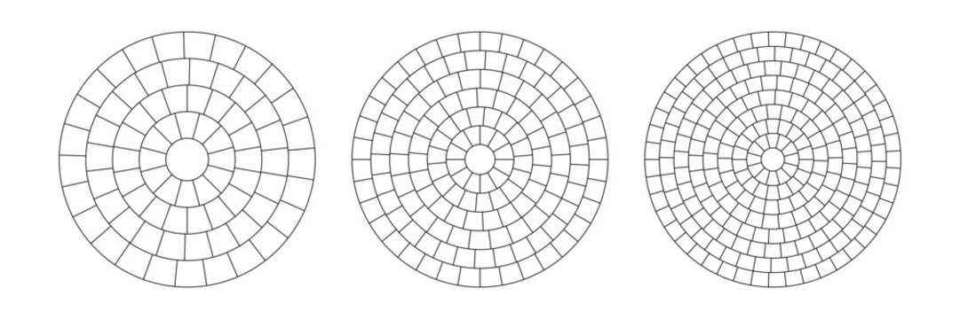 Paved circle pattern tile pattern. Circular brick mosaic template. Round radial stone pavement. Paving tile simple floor texture. Black line. Vector illustration isolated on white background.